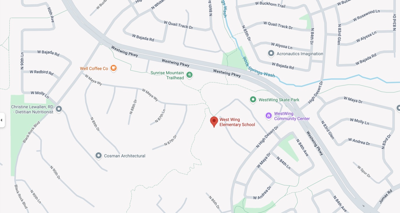 Map showing West Wing Elementary School near the intersection of N High Desert Drive and West Wing Parkway in Peoria, AZ